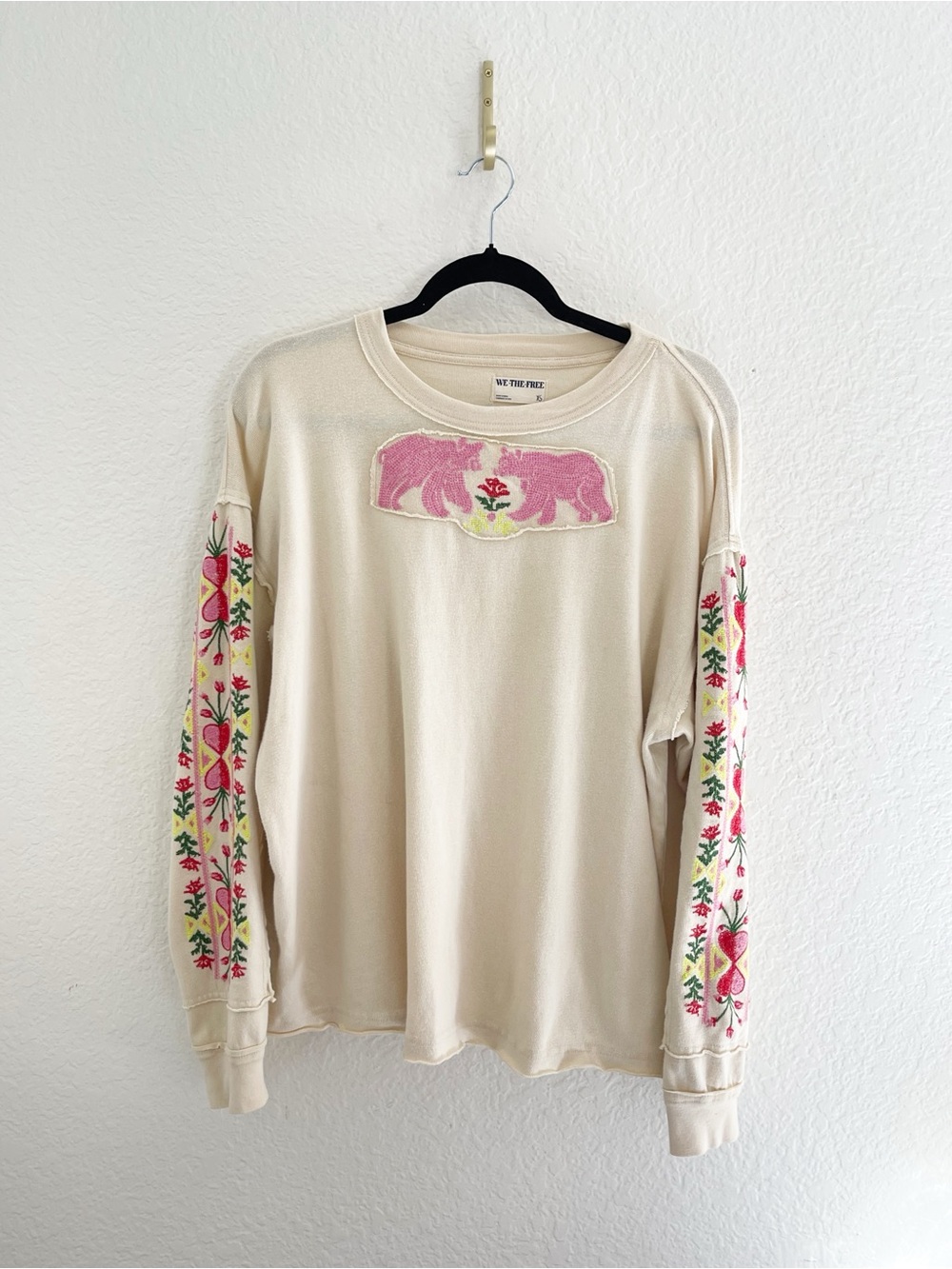 Free People All My Heart Tee in ivory Embroidered Bear Crewneck Sweatshirt - Picture 5 of 12